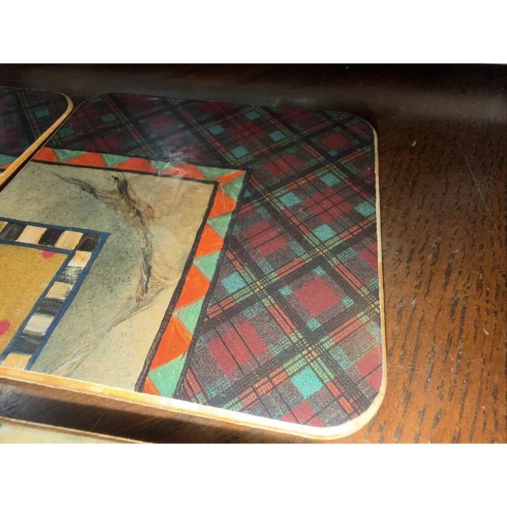 MacKenzie-Childs Pimpernel Square Cork Coaster Set Celtic Corners Plaid Dots